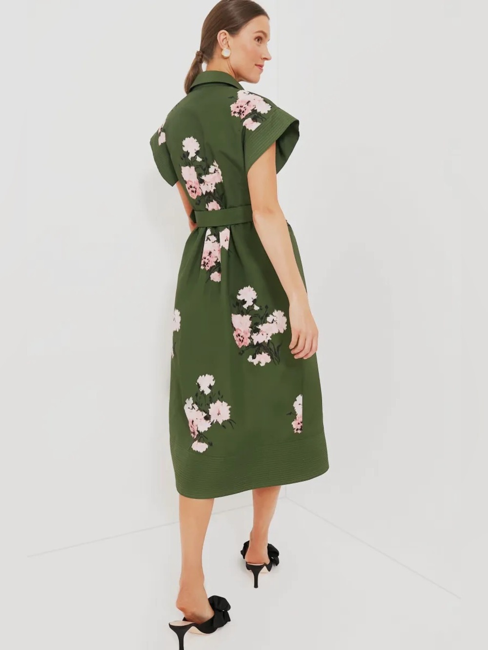 Tuckernuck Chloe Dress Olive and Pressed Powder Belted Midi Short Sleeve M - Picture 5 of 7